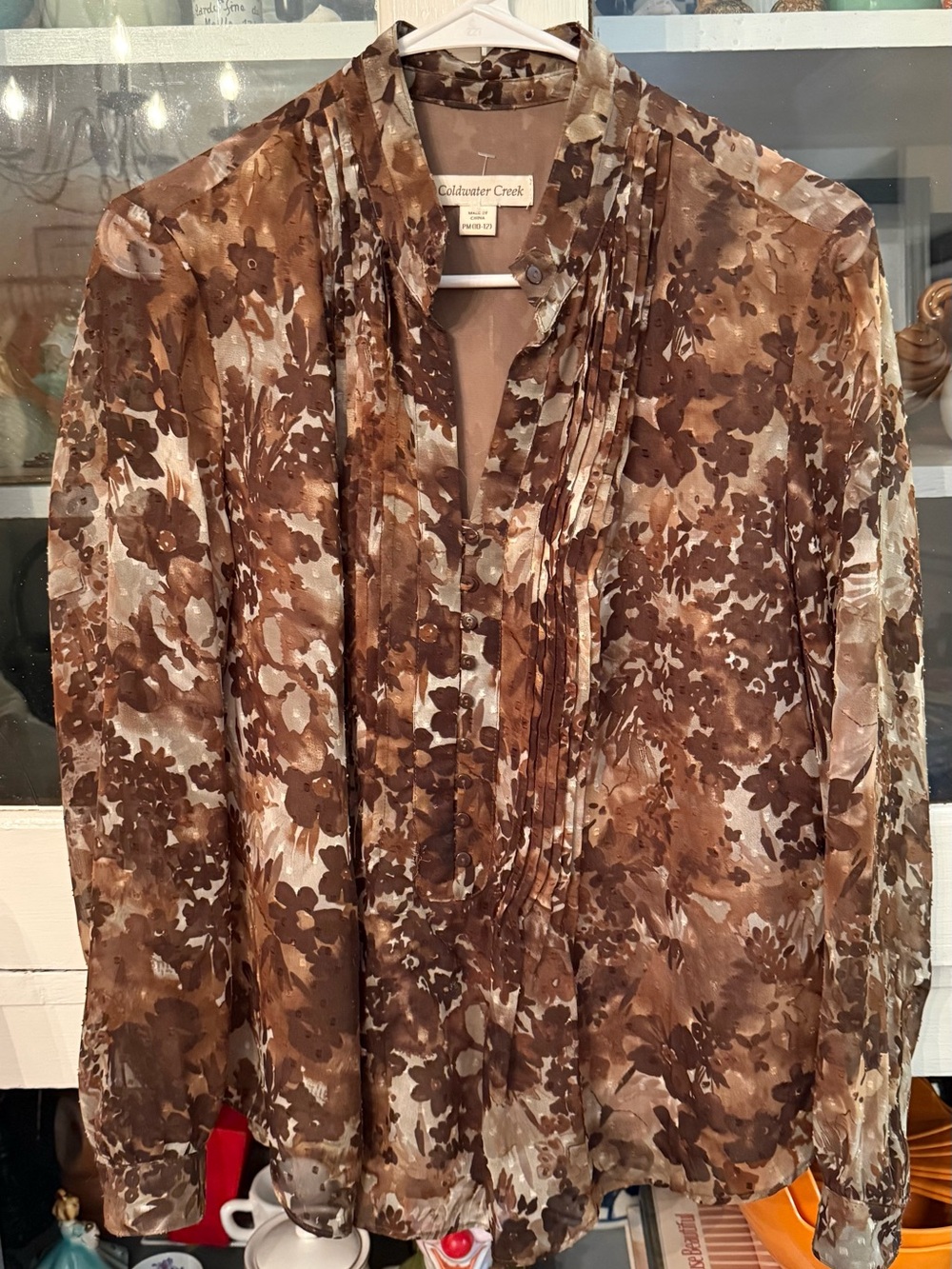 Coldwater Creek Brown Floral Pintuck Button-Front Blouse